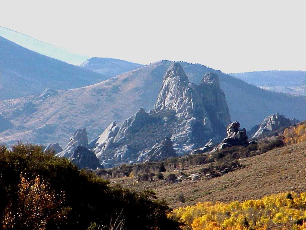 Granite rock formations and spring wildflowers at City of Rocks National Reserve, Cassia County, Idaho.