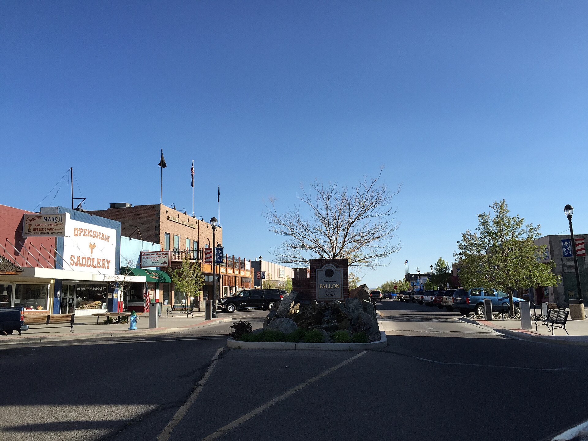 A view south along Maine Street through downtown Fallon, the county seat of Churchill County, Nevada.