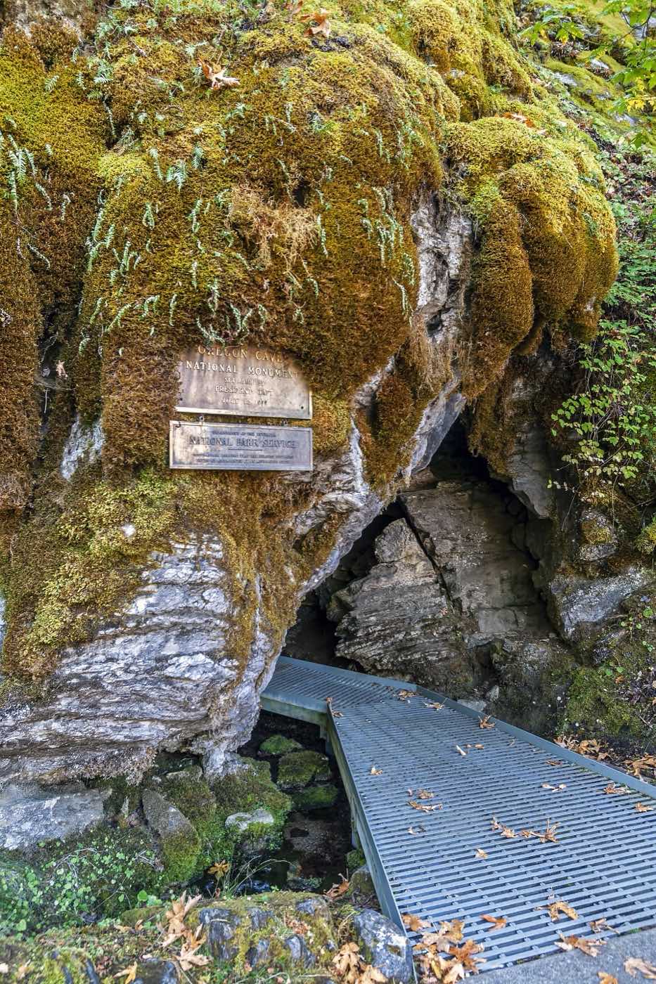 Moss-covered marble cave entrance at Oregon Caves National Monument in Josephine County, Oregon