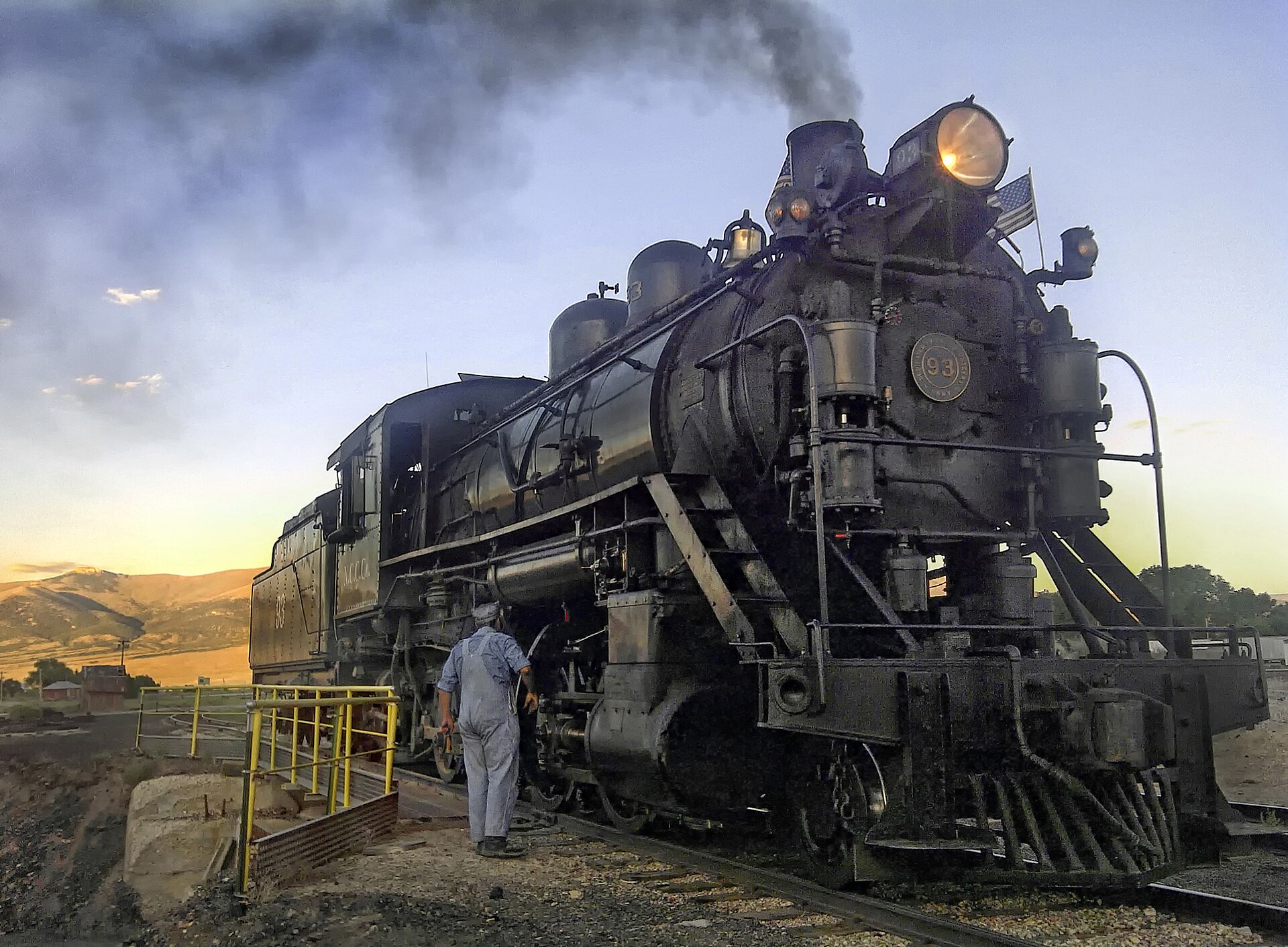 The preserved Nevada Northern Railway steam locomotive number 93 at Ely, White Pine County, Nevada.